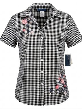 NWT Karen Scott Floral Embroidered Gingham Black&White Women's Shirt Size M